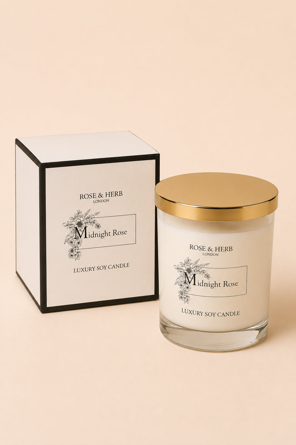 A luxury soy candle in a clear glass jar with a gold lid, shown next to its white and black box packaging. The labels read 'ROSE & HERB LONDON' and 'Midnight Rose'.