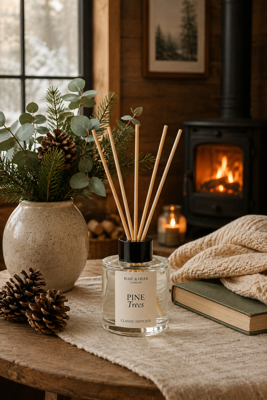 A clear glass reed diffuser bottle labeled Pine Trees with natural reed sticks, styled on a rustic wooden table beside a ceramic vase with greenery, pinecones, a candle, a knitted blanket, and a book in a cozy room with a fireplace.