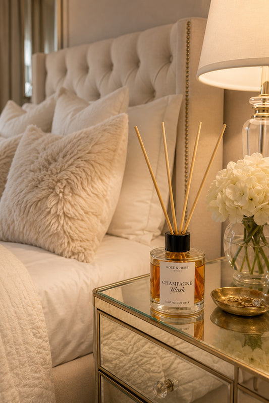 Champagne Blush reed diffuser bottle with wooden reeds on a mirrored bedside table next to a bed with cream bedding and a lit lamp.