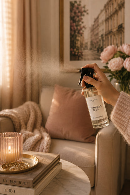 A hand holds a clear spray bottle labeled 'Champagne Blush' in a warm, cozy living room setting. The scene includes a beige sofa with a pink pillow, a lit candle on stacked books, and pink flowers in the background.