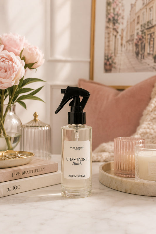A bottle of ROSE & HERB London Champagne Blush room spray stands on a marble surface in a styled interior setting with pink flowers, books, candles, and a pillow in the background.