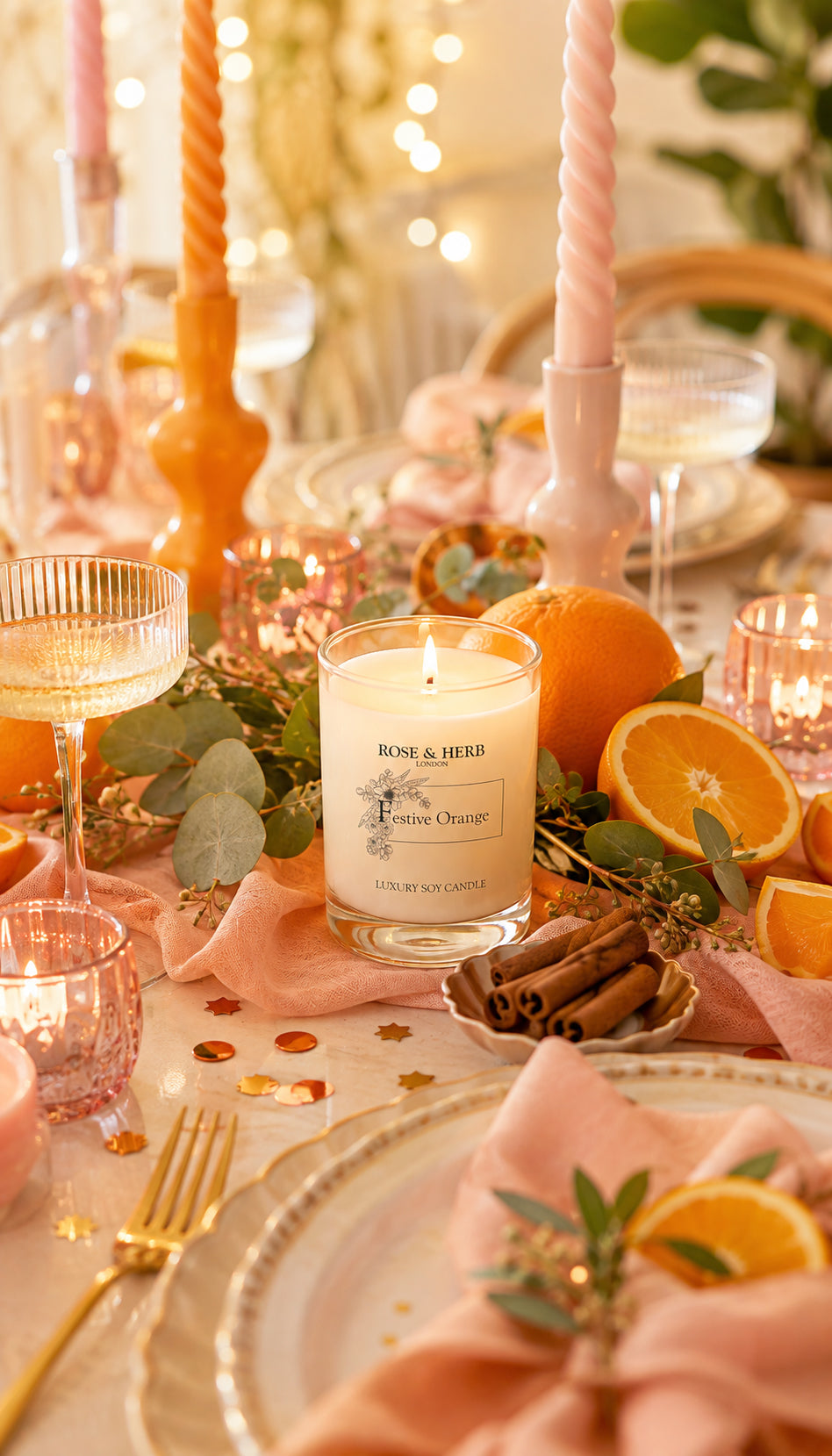 A lit glass jar candle labeled Rose & Herb 'Orange Blossom' sits on a styled table setting with pink linens, orange slices, cinnamon sticks, twisted candles, and warm string lights.