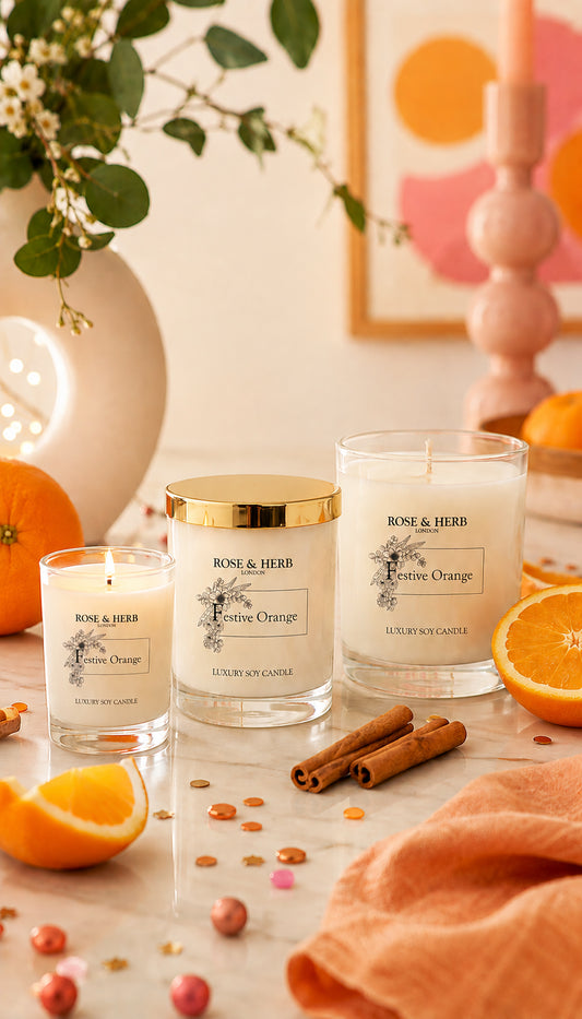 Three ROSE & HERB scented candles in glass jars with white wax are styled on a marble surface with orange slices, cinnamon sticks, and a peach fabric, against a warm, softly blurred background.