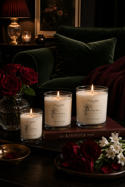 Three lit scented candles in clear glass jars are arranged on a dark wooden table in a cozy room setting with a green velvet armchair, red roses, a lamp, and a book.