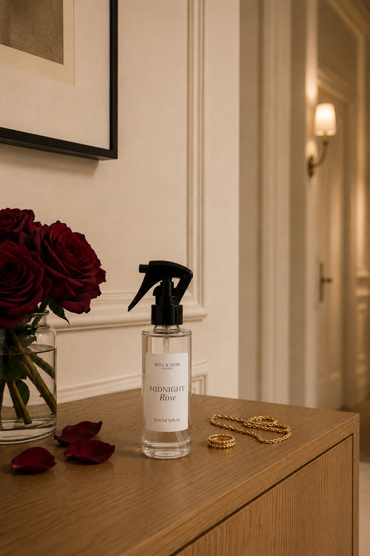 A clear glass spray bottle labeled 'Midnight Rose' by ROSE & HERB, placed on a wooden console table next to a vase of deep red roses and gold rings in a warm, elegant interior setting.