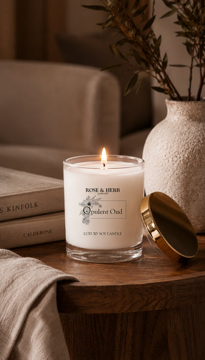 Lit Opulent Oud luxury soy candle by ROSE & HERB styled on a wooden table in a warm, relaxed interior