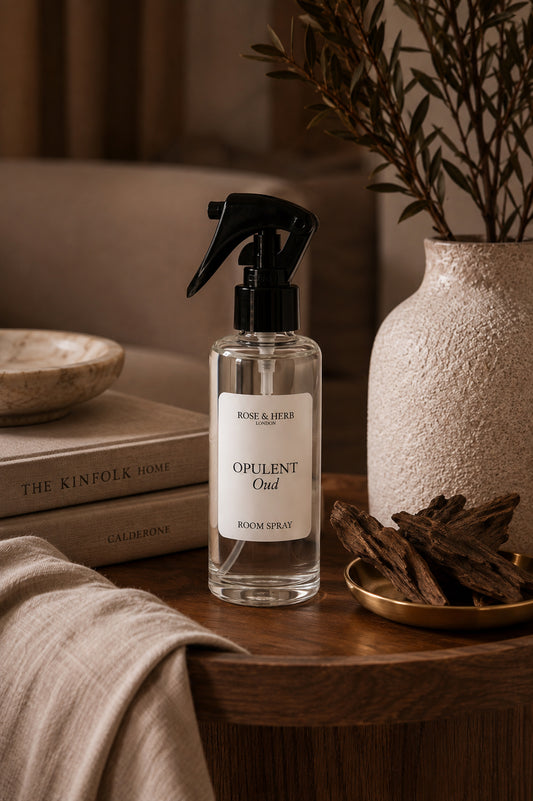 A clear glass room spray bottle with a black trigger sprayer and a white label reading 'OPULENT Oud' and 'BON & HERBE', styled on a wooden table with books, a textured vase, and dried branches in a warm indoor setting.