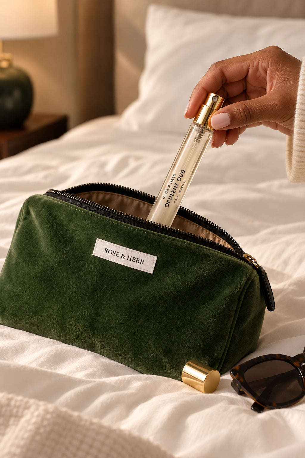 Opulent Oud Travel Eau de Parfum with ROSE & HERB wash bag on a hotel bed