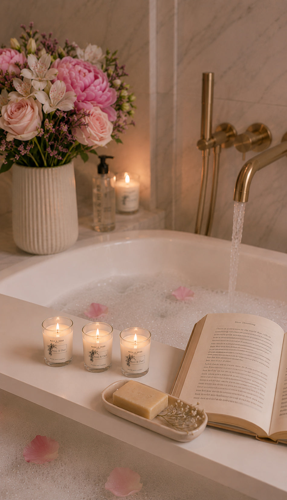A luxurious spa-style bathtub scene with pink and white flowers in a vase, a lit candle, a soap dish with a bar of soap, an open book, and bath petals in bubbly water. A gold faucet is running, and the background shows a softly lit tiled bathroom wall. Three petite candle by ROSE & HERB