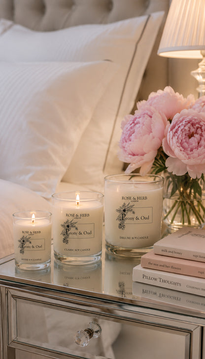 Three ROSE & HERB scented candles in clear glass jars are arranged on a mirrored nightstand beside pink peony flowers, a lamp, and stacked books in a softly lit bedroom setting.