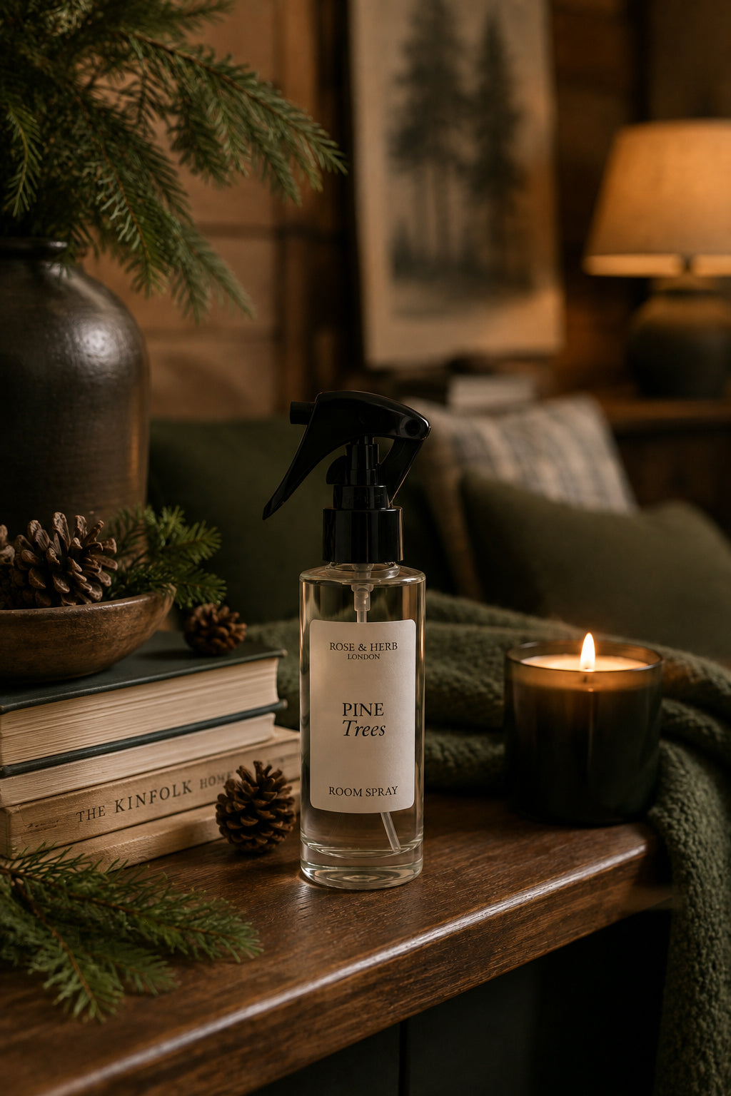 A clear glass room spray bottle labeled 'Pine Trees' by ROSE & HERB London, styled on a wooden table with a lit candle, books, pine cones, and evergreen branches in a cozy indoor setting.