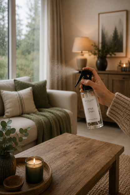 A hand holds a clear spray bottle labeled 'PINE TREES' and sprays a fine mist toward a cozy living room with a sofa, candles, and warm lighting.
