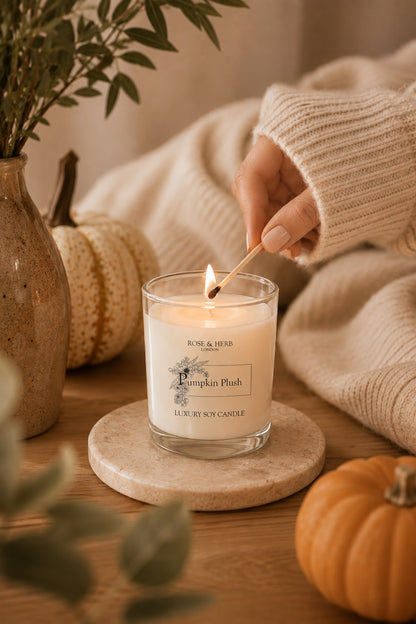 A lit scented candle in a clear glass jar sits on a round stone coaster on a wooden table, with a hand holding a match above the flame. The candle label reads 'Rose & Herb Farms Pumpkin Patch'.