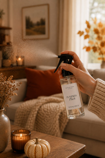 A hand holding a bottle of ROSE & HERB' Pumpkin Plush' home spray misting a room with a cozy autumn aesthetic, featuring a lit candle, a small pumpkin, and a warm-toned sofa in the background.