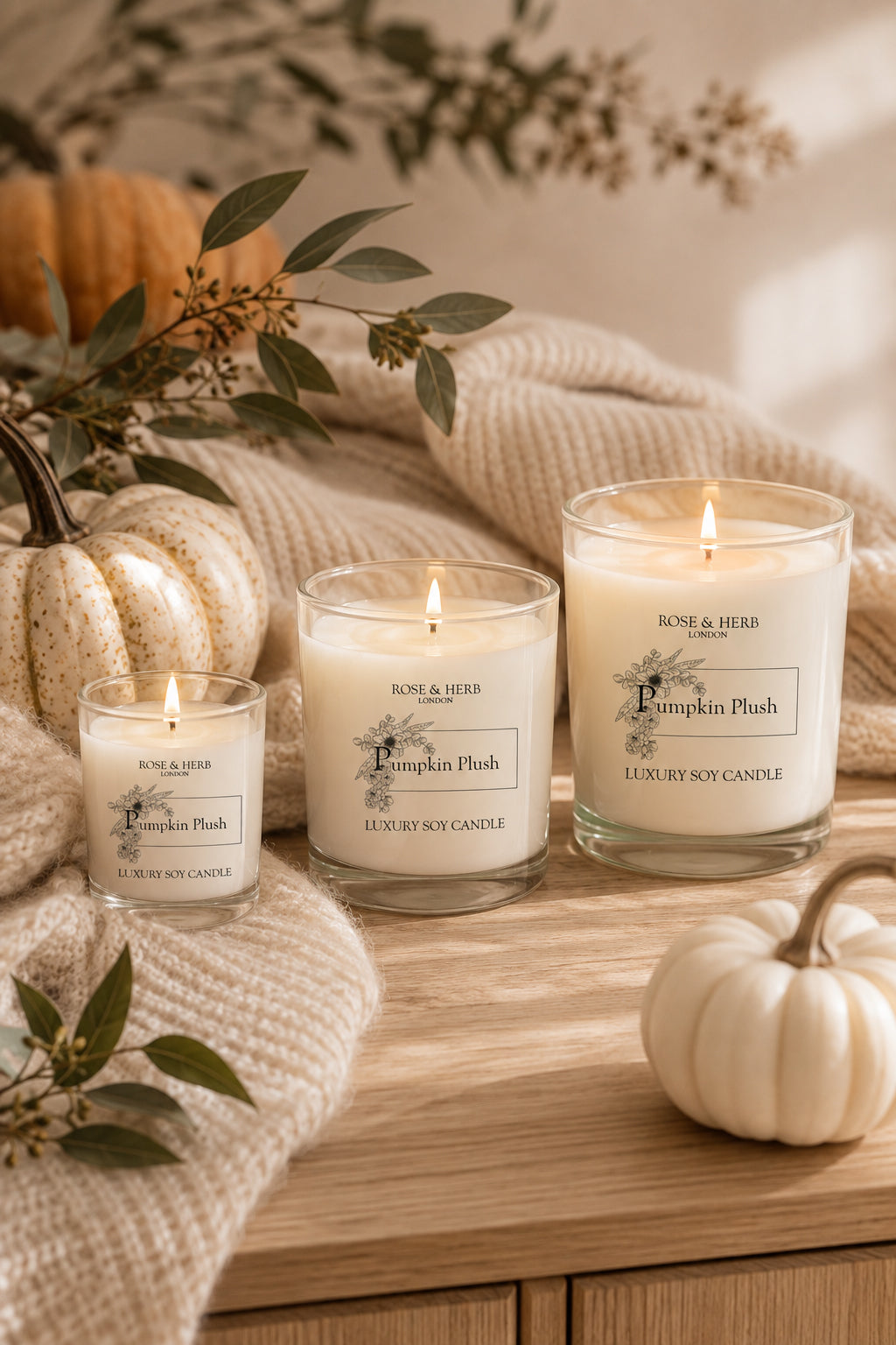 Three lit scented candles in clear glass jars with cream wax, arranged on a wooden surface with a beige knit blanket, pumpkins, and dried leaves. The labels read Rose & Herb London and Pumpkin Patch.
