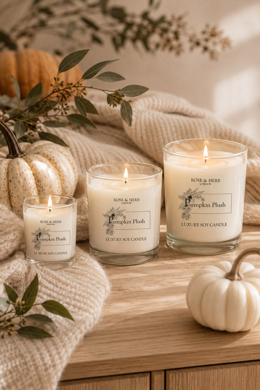 Three lit scented candles in clear glass jars with cream wax, arranged on a wooden surface with a beige knit blanket, pumpkins, and dried leaves. The labels read Rose & Herb London and Pumpkin Patch.