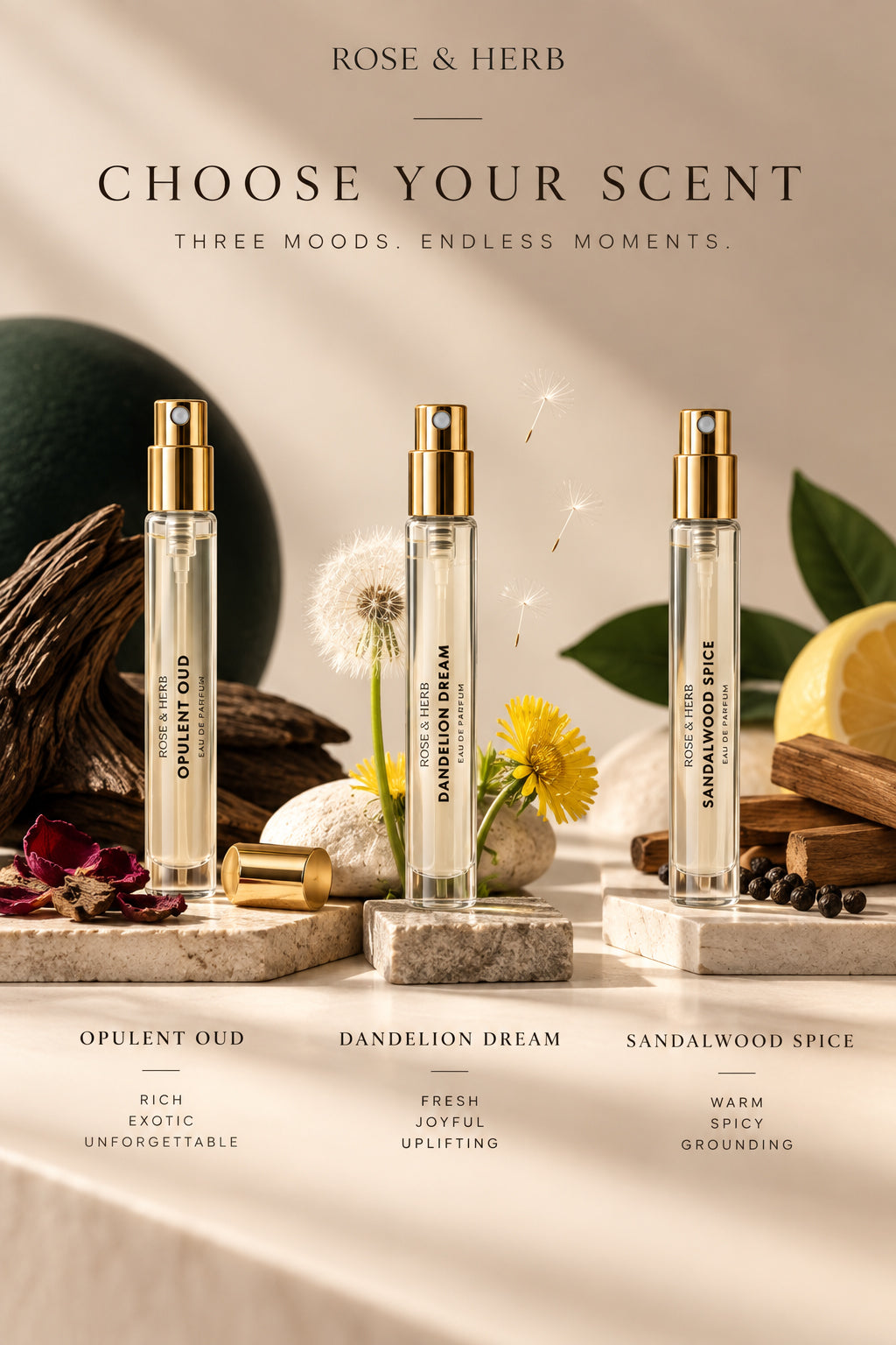 Opulent Oud, Dandelion Dream and Sandalwood Spice Travel Eau de Parfum collection