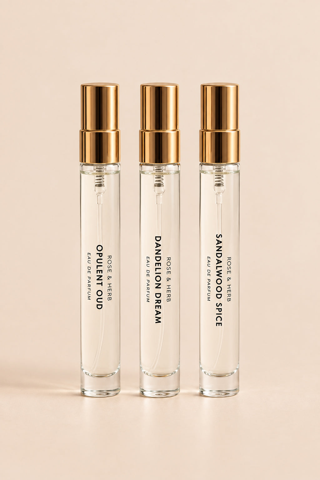 ROSE & HERB Travel Eau de Parfum in Opulent Oud, Dandelion Dream and Sandalwood Spice