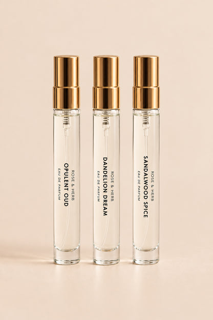 ROSE & HERB Travel Eau de Parfum in Opulent Oud, Dandelion Dream and Sandalwood Spice