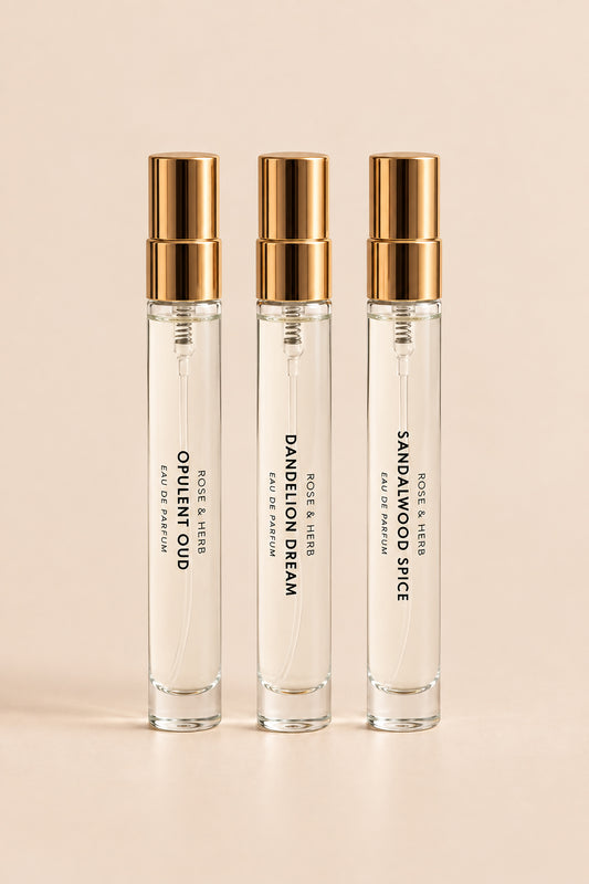 ROSE & HERB Travel Eau de Parfum in Opulent Oud, Dandelion Dream and Sandalwood Spice