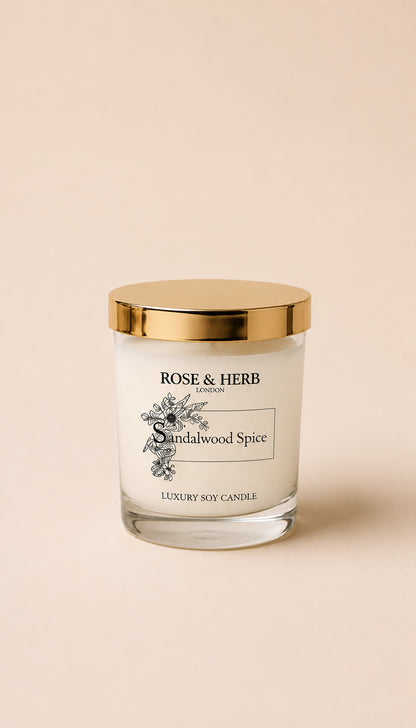 A Rose & Herb London Sandalwood Spice luxury soy candle in a clear glass jar with a gold lid, set against a solid beige background.