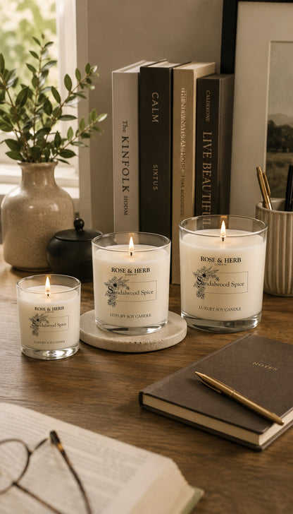 Three lit glass jar candles with cream wax and botanical labels are arranged on a wooden table in a styled home setting, surrounded by books, a vase with greenery, a notebook, and glasses.