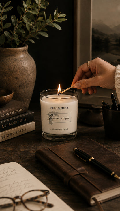 A lit scented candle in a clear glass jar sits on a dark wooden desk, with a hand holding a match above the flame. The candle label reads 'ROSE & HERB Handmade Scents'.